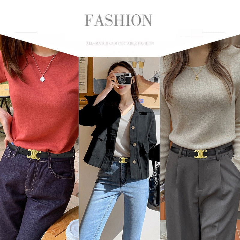 Women's Belt Fashion Alloy Buckle Triumphal Arch Thin Belt Street Trend Matching Jeans Belt Gift for Girlfriend and Mother