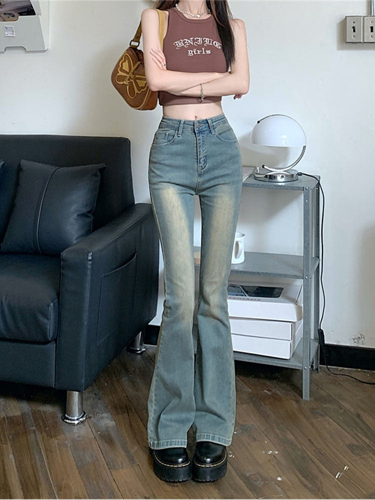 Korean Style Flare Wide Leg Jeans Women Elastic High Waist Skinny Mom Denim Pants 2022 Autumn Winter Fashion Oversize Casual