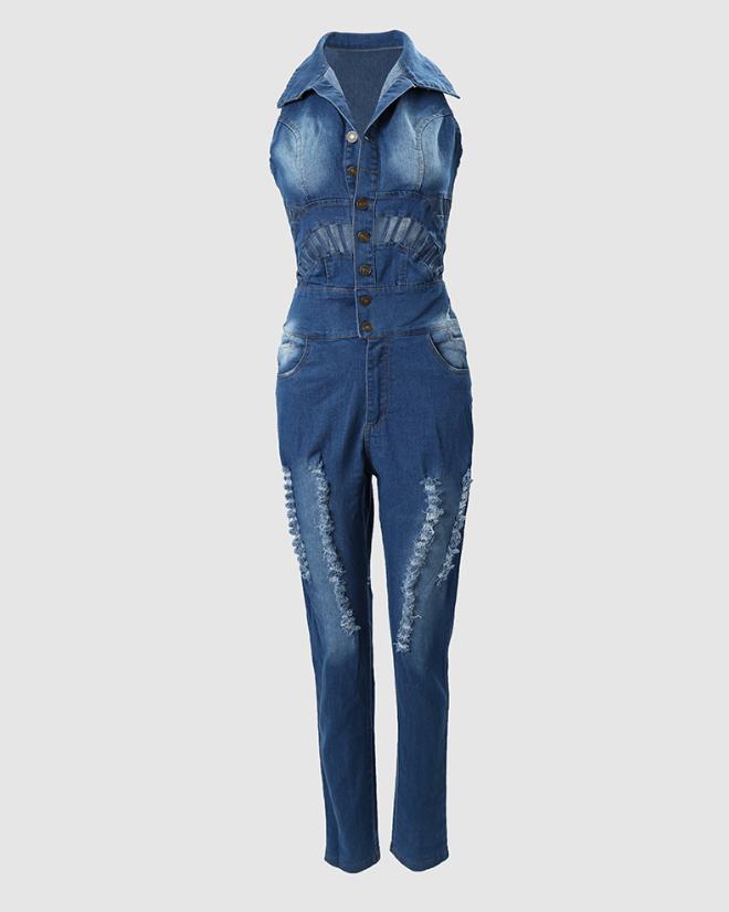 Women's Jumpsuit 2023 Spring Fashion Buttoned Cutout Ripped Skinny Turn-Down Collar Sleeveless Denim Jumpsuit Y2K Streetwear