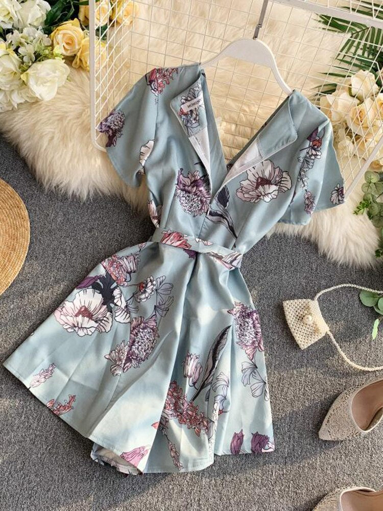 Summer Women's Jumpsuit New Korean Retro Printing One-piece Wide-leg Pants V-neck High-waist Lace-up Thin Wide-leg Shorts LL013