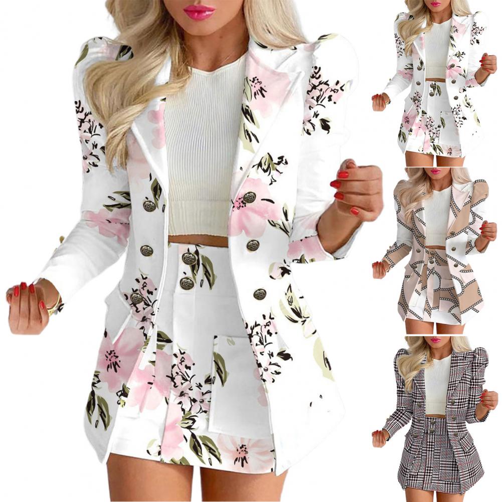 Women Work Attire Chic Commute Suit Sets Flower Check Print High Waist Long Sleeve Jacket Skirt Sets for Formal Office Style