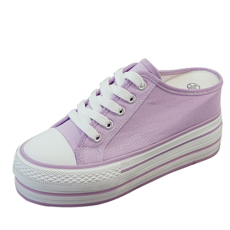 2023 The New Thick-soled Inner Heightening Half-drag Canvas Shoes Women's Purple Muffin with A Pedal Lazy Shoes Women