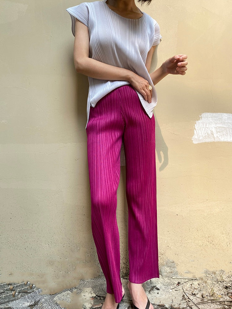 Miyake Pleated Pants Women Fall Clothing New Color Korean High Waist Elegant Casual Classic Basic Ankle-Length Straight Pants