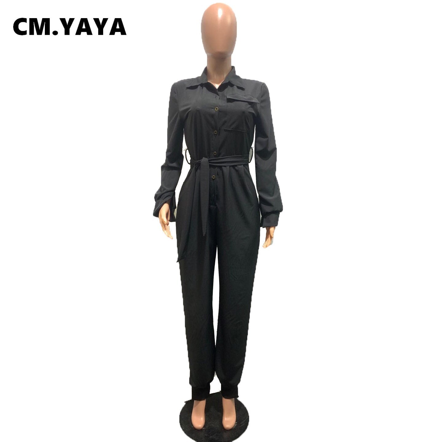 Women's Jumpsuit - Long Sleeve Button Up with Sashes - One Piece Suit Turn Neck Overall Romper.