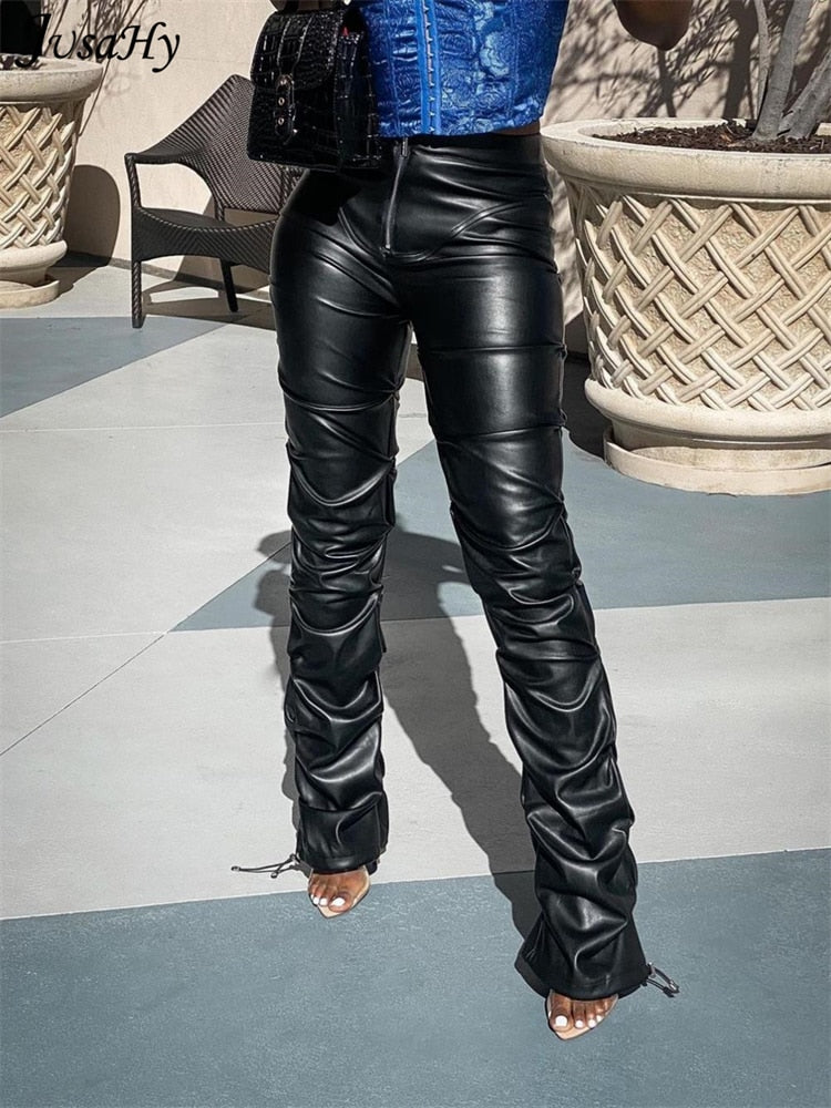 JusaHy Faux PU Leather Pleated High Waist Black Stacked Pant Women Slim Hipster Street Style Long Trousers Hot Sale Trend Female