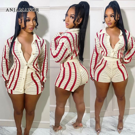 ANJAMANOR Striped Knitted Sweater Cardigan and Shorts Two Piece Set Women Clothing Fall 2023 Fashion Matching Sets D35-EG33