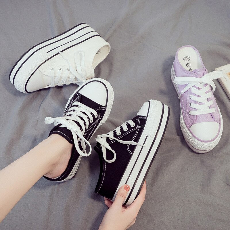 2023 The New Thick-soled Inner Heightening Half-drag Canvas Shoes Women's Purple Muffin with A Pedal Lazy Shoes Women