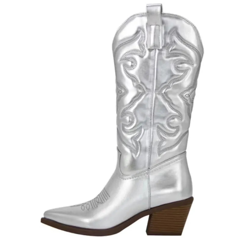 Gold Mid-calf Boots Woman Side Zipper Silver Pointed Western Cowboy Boots Retro Fashion Black Boots Plus Size 36-43 Women Boots