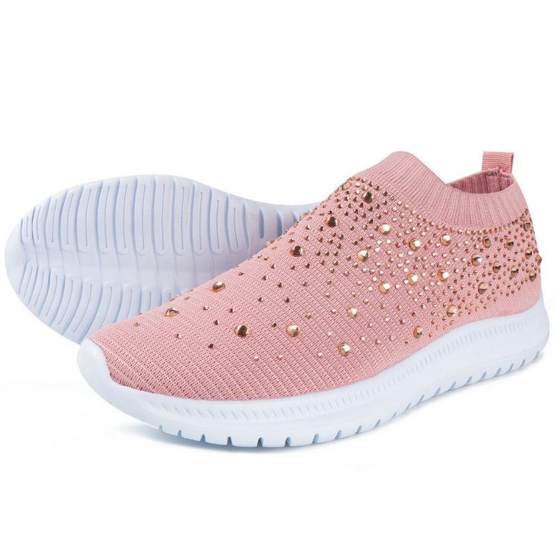 NEW! Women's Crystal Comfort Soft Bottom Flat Breathable Mesh Sneakers Women's Plus Size Non-Slip Casual Shoes Womens Shoes