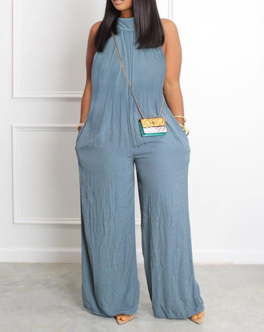 Women's Jumpsuit Sleeveless Pocket Detail Casual Stand Collar Plain Wide Leg Daily Long Jumpsuit 2022 Summer Latest Fashion