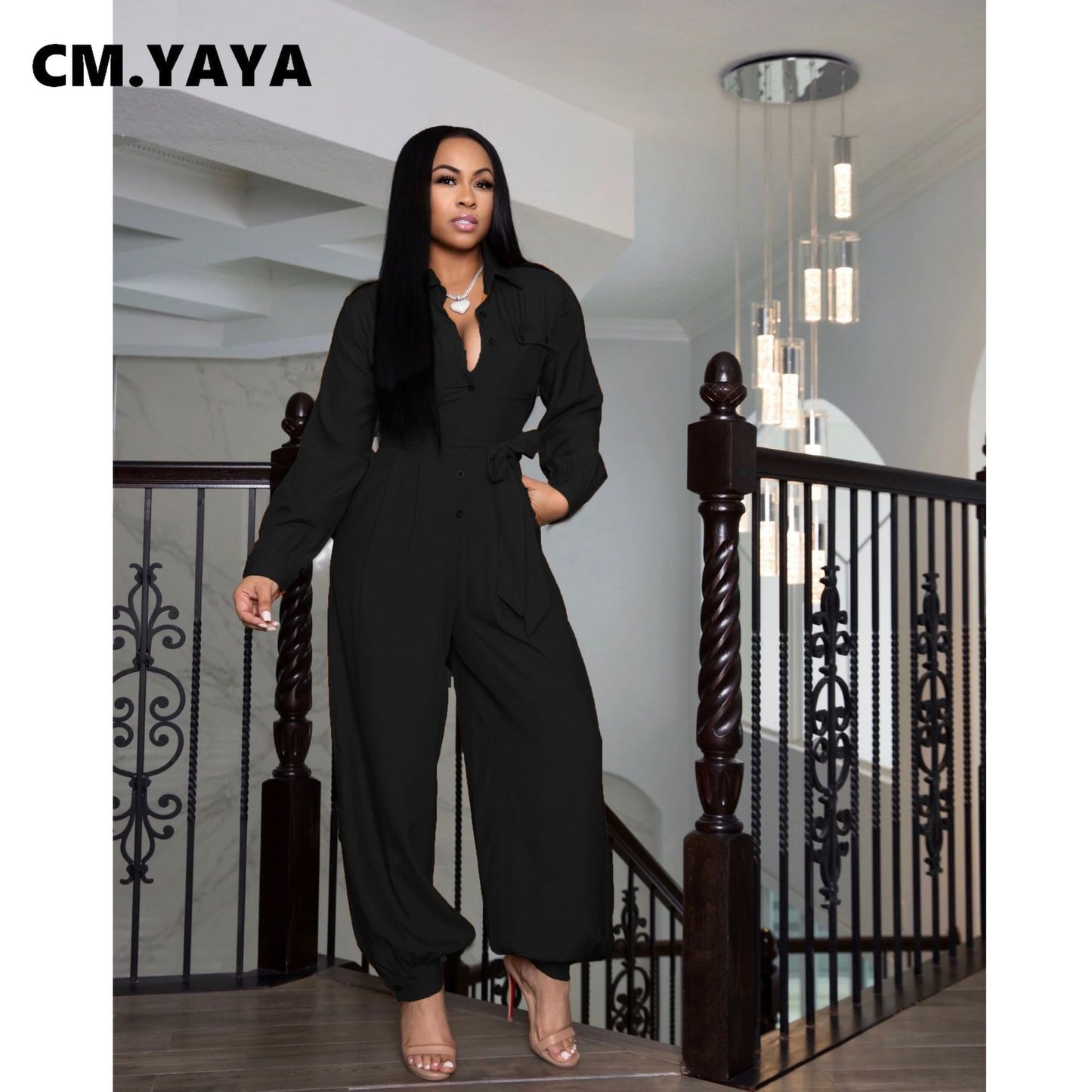 Women's Jumpsuit - Long Sleeve Button Up with Sashes - One Piece Suit Turn Neck Overall Romper.