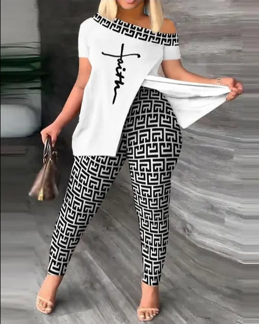 Off-shoulder Short Sleeve Printed Side-split Tee & Legging