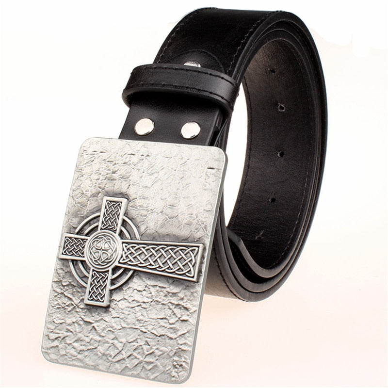 New Leather Belt Square Celtic Knot Floral Pattern Metal Buckle Cross Weave Trend Punk Rock Decorative Waistband Men Gift Women