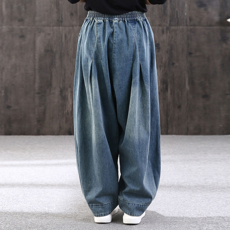 Loose Fashionable Vintage Casual Button Pockets Haren Pants Elastic Waist Solid Streetwear Handsome Women's Clothing Pleated