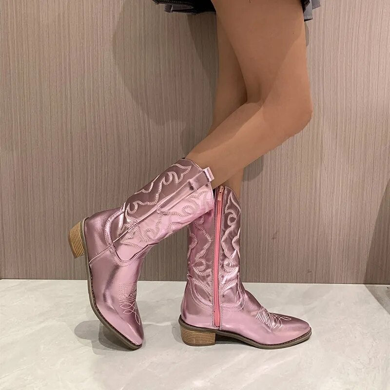 Gold Mid-calf Boots Woman Side Zipper Silver Pointed Western Cowboy Boots Retro Fashion Black Boots Plus Size 36-43 Women Boots