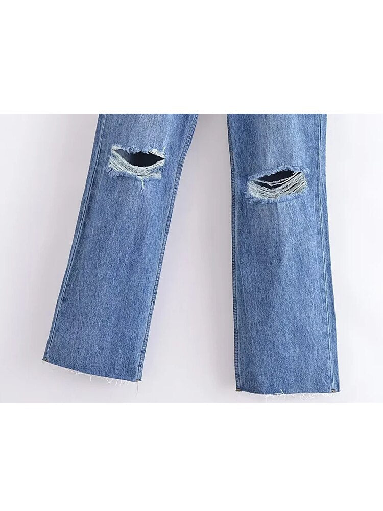 TRAF Blue Baggy Jeans. Ripped Denim Pants / High Waist Wide Leg Pants / Fashion Streetwear