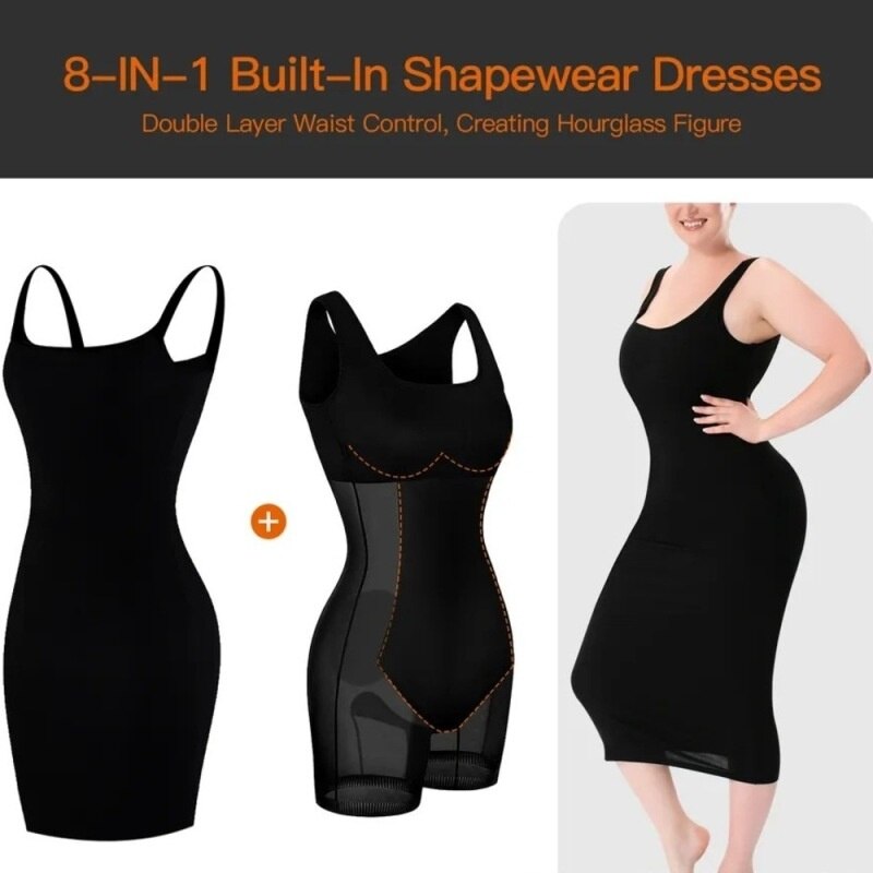 NEW ARRIVAL! Women's Sleeveless Tank Midi Dress!  Double Layer - Belly Tightening and Buttocks Lifting Body Shaping Bodysuit Skirt.