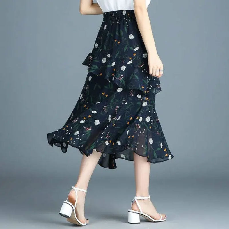 Elegant Printed Chiffon Slim Skirts 2023 Summer Casual Women Clothing Elastic High Waist All-match Fashion Mermaid Skirt Female