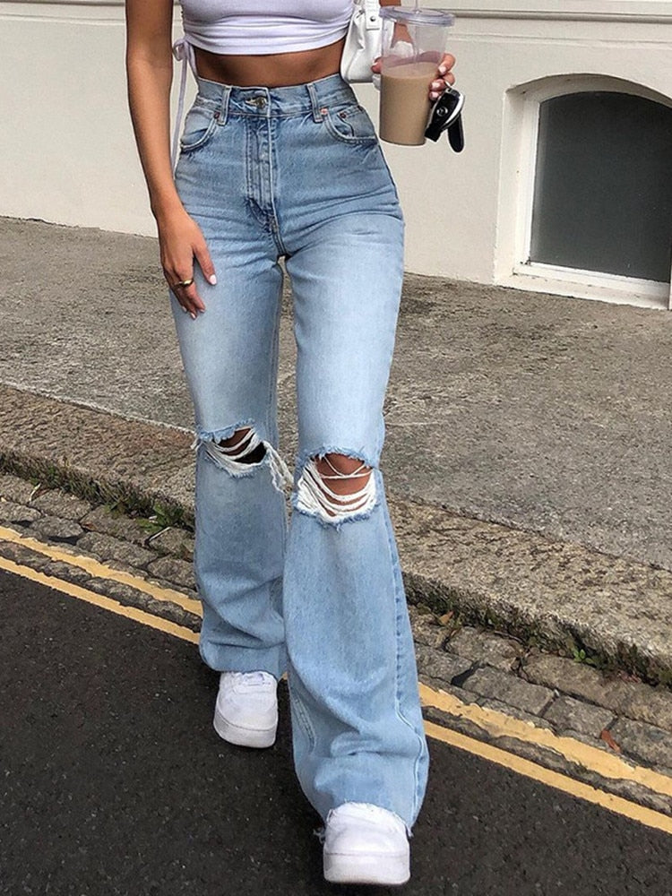 Blue Skinny Jeans Ripped Women Denim Trousers Streetwear Distressed Capris Bell Bottom Jeans High Waist Woman Y2k Flare Pants